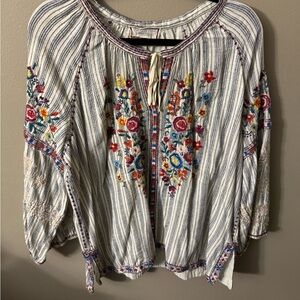 Johnny Was Workshop Embroidered Boho Peasant Blouse XL